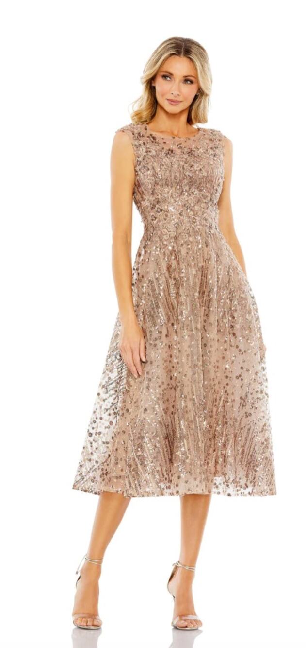 Mac Duggal, SEQUINED CAP SLEEVE FIT AND FLARE DRESS, Sz 6, Bronze, #20398